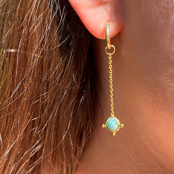Amazonite Gemstone Earrings Dec birthstone with chain on Gold plated hoops
