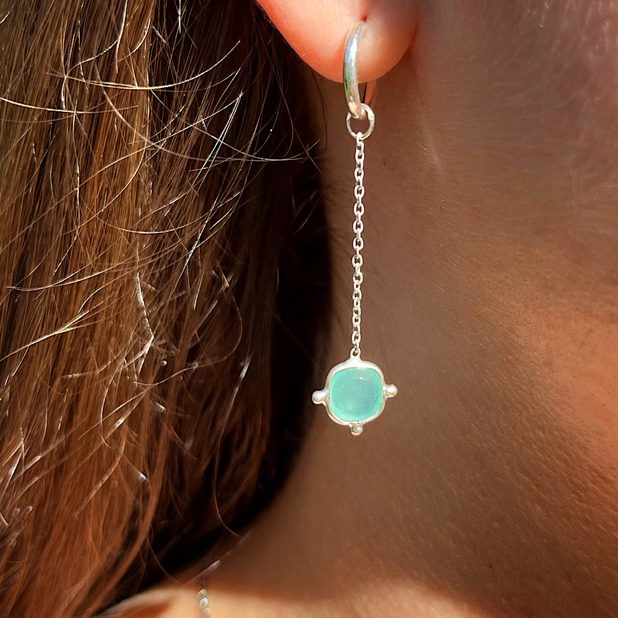 Aquamarine Gemstone Earrings March birthstone with chain on Sterling Silver hoops