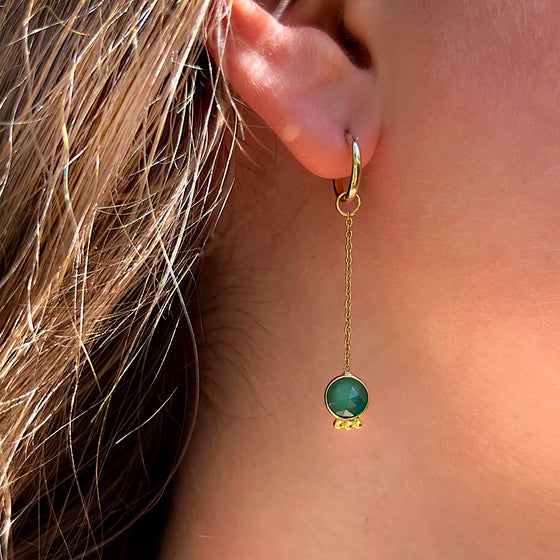 African Emerald Gemstone Earrings May birthstone with chain on Gold Plated loops