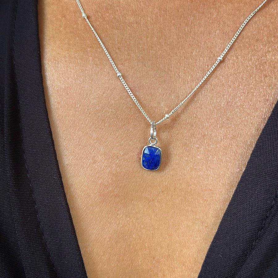 September Birthstone Lapis Lazuli Necklace on sterling silver satellite chain