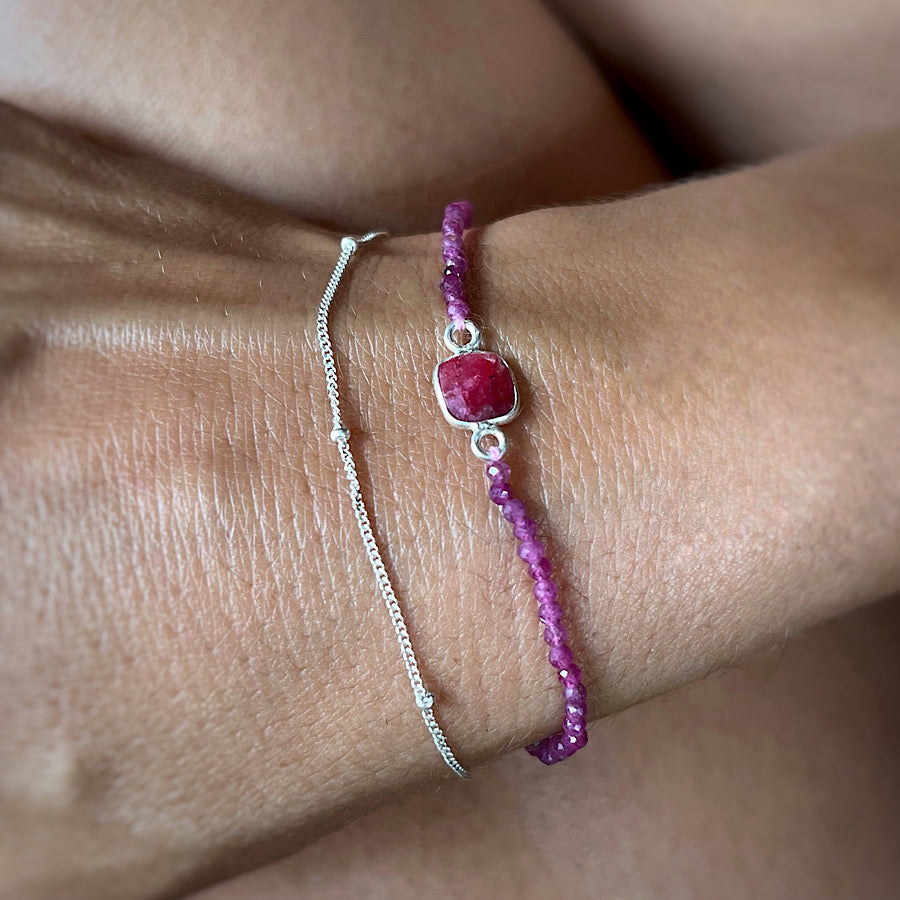 July Birthstone Ruby Bracelet with sterling silver chain