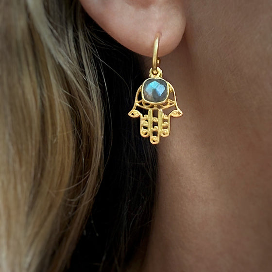 Labradorite Hamsa Hand Gold plated hoop Earrings 