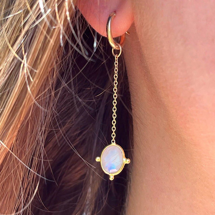 Moonstone Gemstone Earrings Sep birthstone with chain on Gold plated hoops