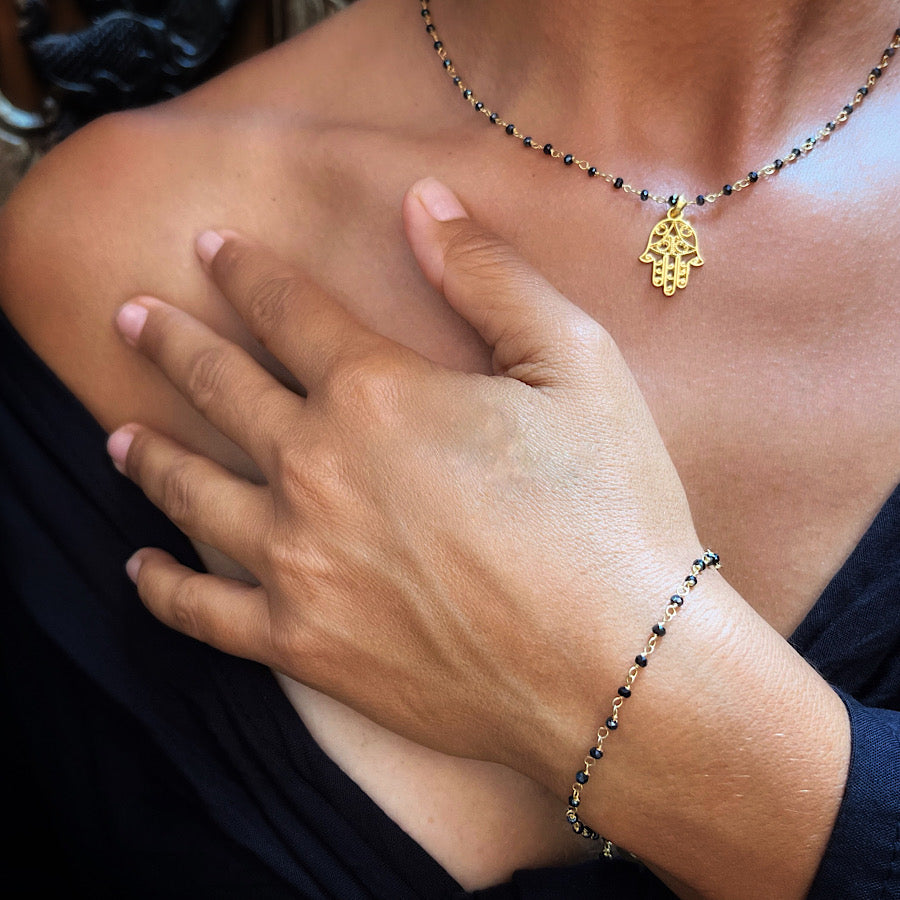 Onyx handmade chain link necklace gold plated Hamsa Hand