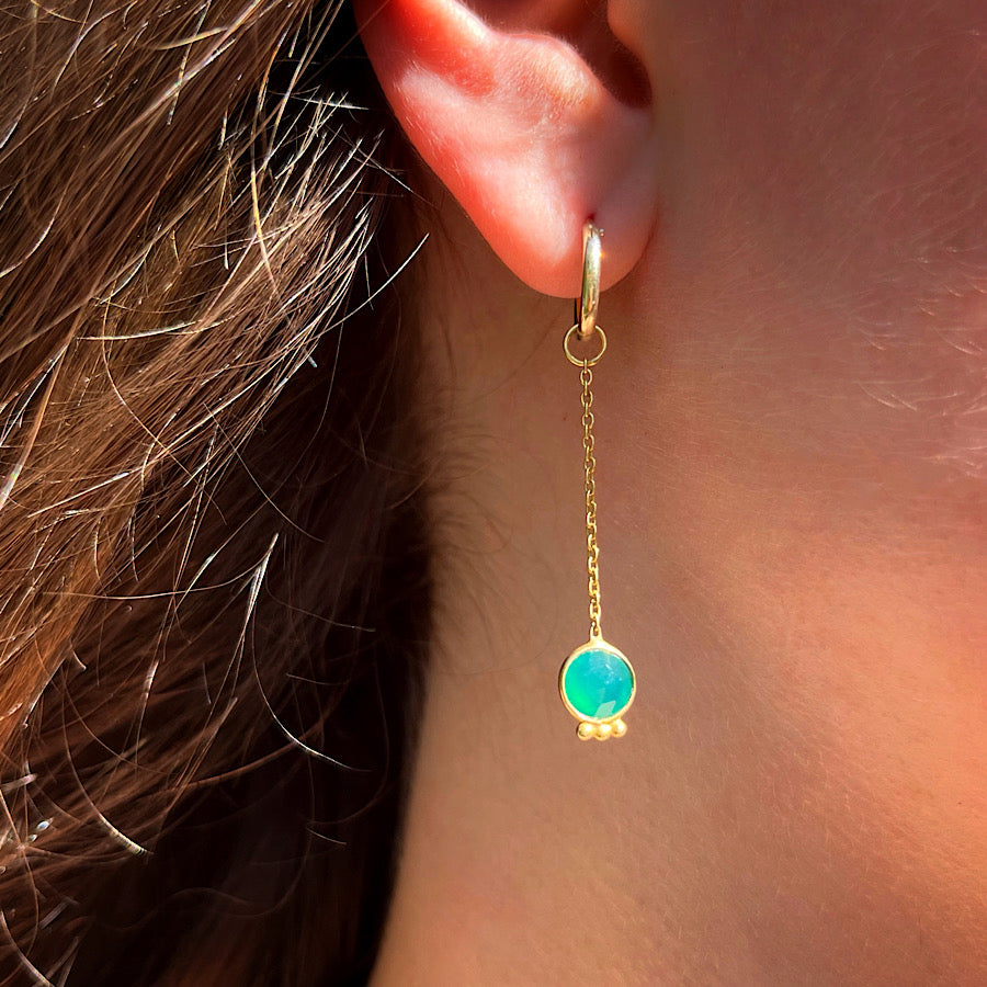 Aquamarine Gemstone Earrings March birthstone with chain on Gold plated loops
