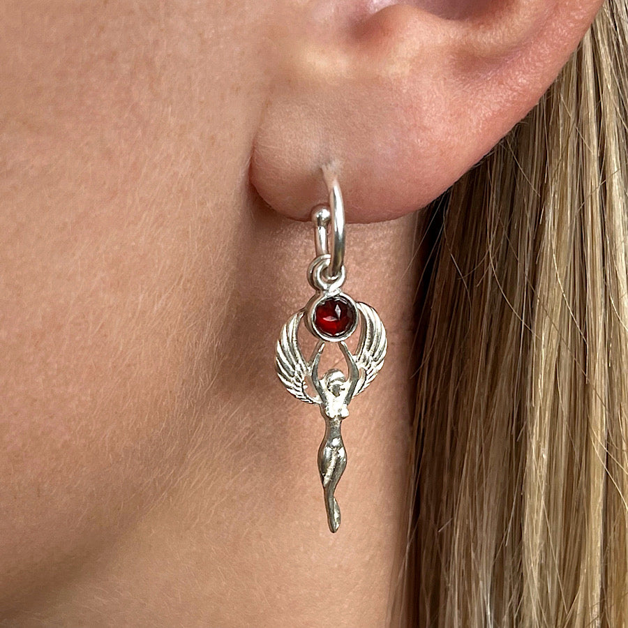 Winged Moon Goddess Faceted Garnet Gemstone Earrings on Sterling Silver loops
