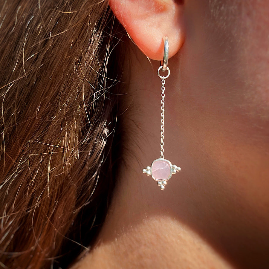 Rose Quartz Earrings Jan birthstone with chain on Sterling Silver hoops