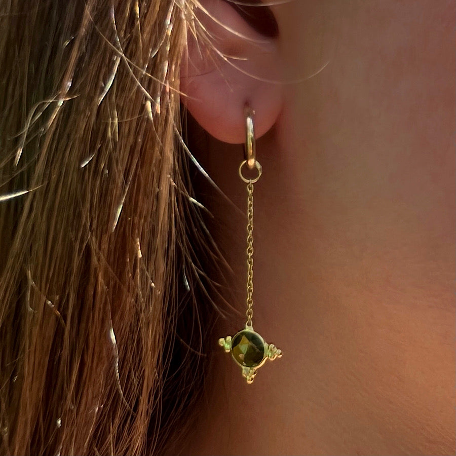 Peridot Gemstone Earrings August birthstone with chain on Gold plated loops
