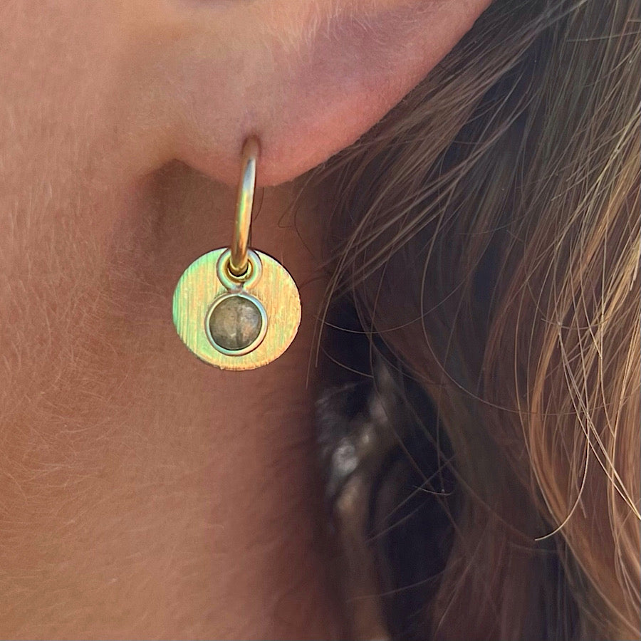 Labradorite Gemstone Earrings with solar discs on Gold plated loops