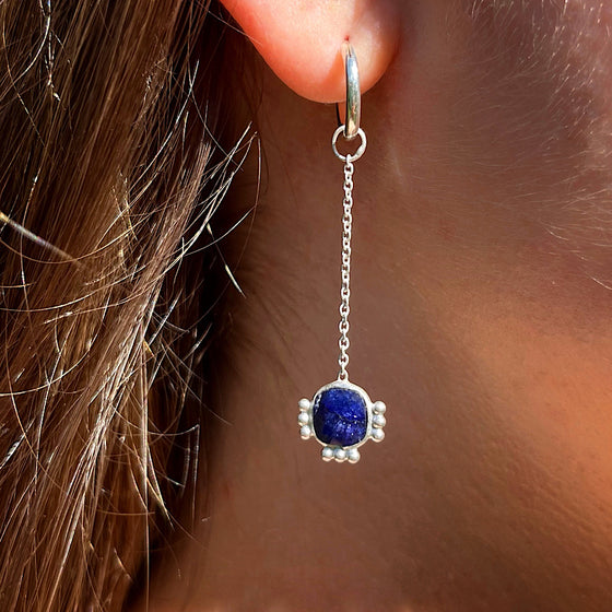 Lapis Lazuli Gemstone Earrings Sep birthstone with chain on Sterling Silver hoops