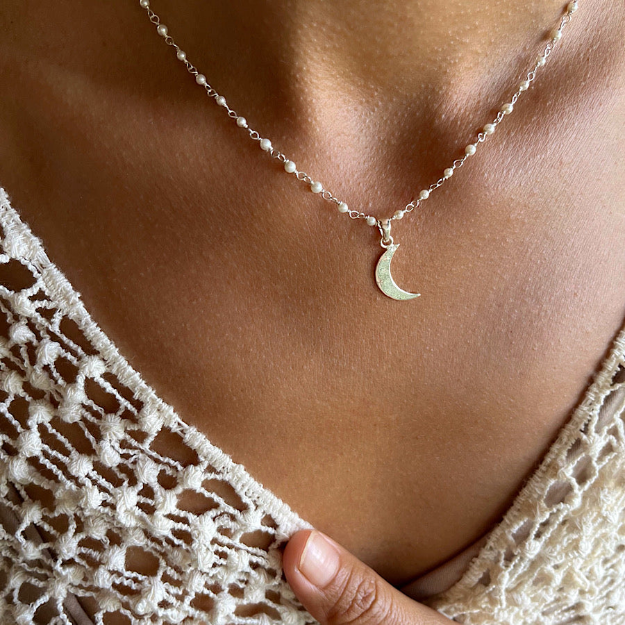Freshwater Pearl handmade chain link necklace Sterling Silver Crescent Moon