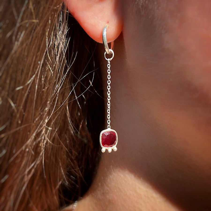 Ruby Gemstone Earrings July birthstone with chain on Sterling Silver loops