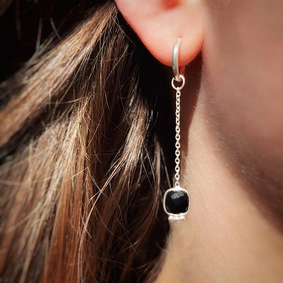 Onyx Gemstone Earrings August birthstone with chain on Sterling Silver hoops