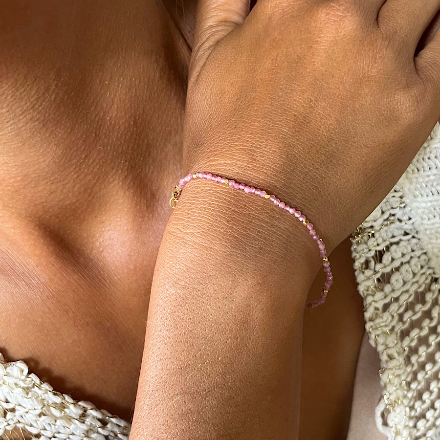 Pink Tourmaline gemstone bracelet with gold beads