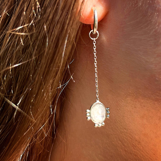 Moonstone Gemstone Earrings Sep birthstone with chain on Sterling Silver hoops