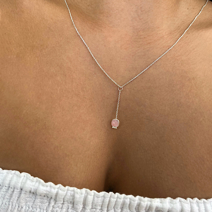 January Birthstone Rose Quartz Necklace on sterling silver chain