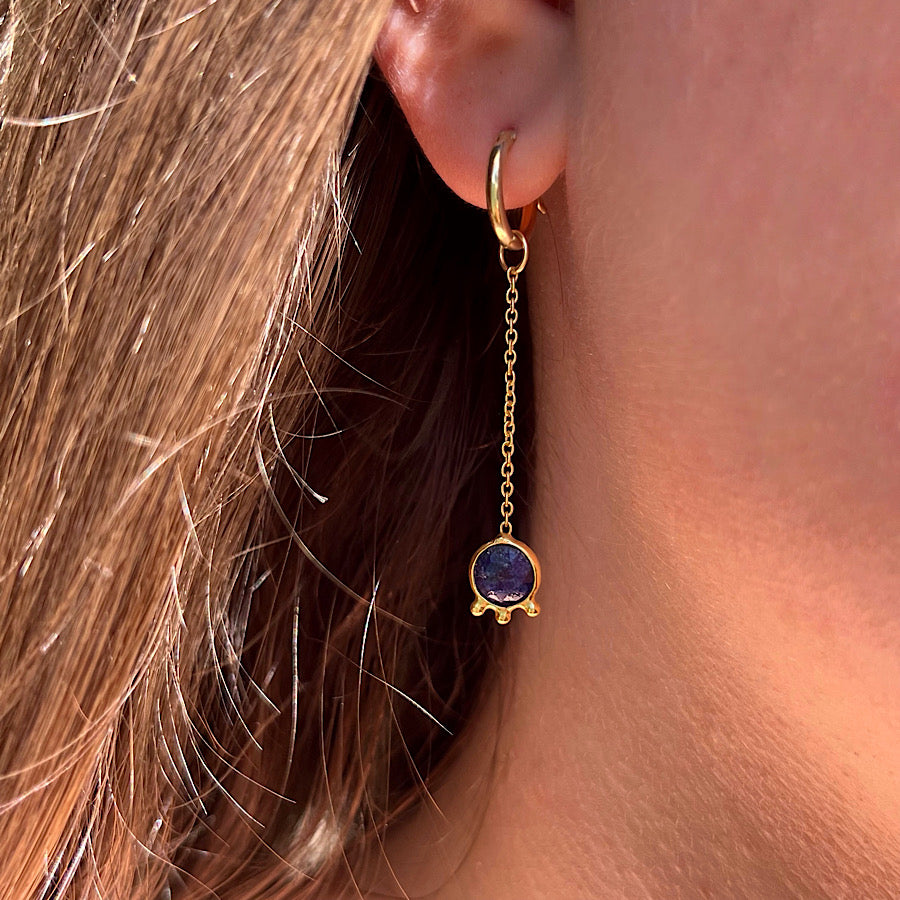 Lapis Lazuli Gemstone Earrings Sep birthstone with chain on Gold plated hoops