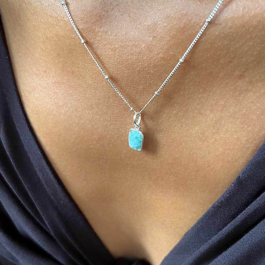 December Birthstone Amazonite Necklace on sterling silver satellite chain