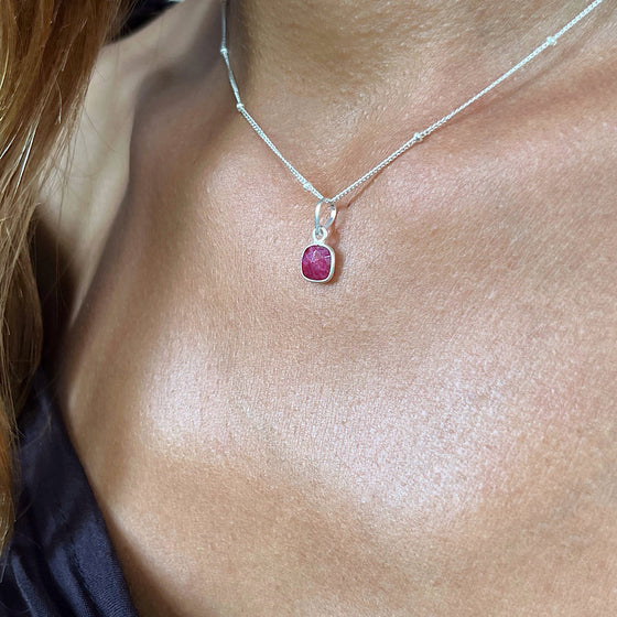 July Birthstone Ruby Necklace on sterling silver satellite chain
