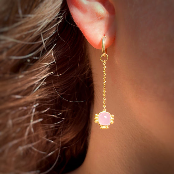 Rose Quartz Earrings Jan birthstone with chain on Gold plated hoops