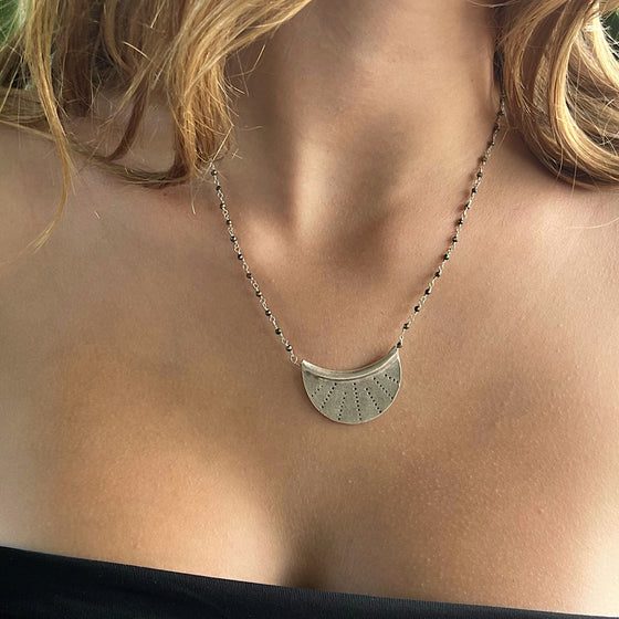 Sterling Silver Half Moon pendant on Labradorite handmade chain link necklace