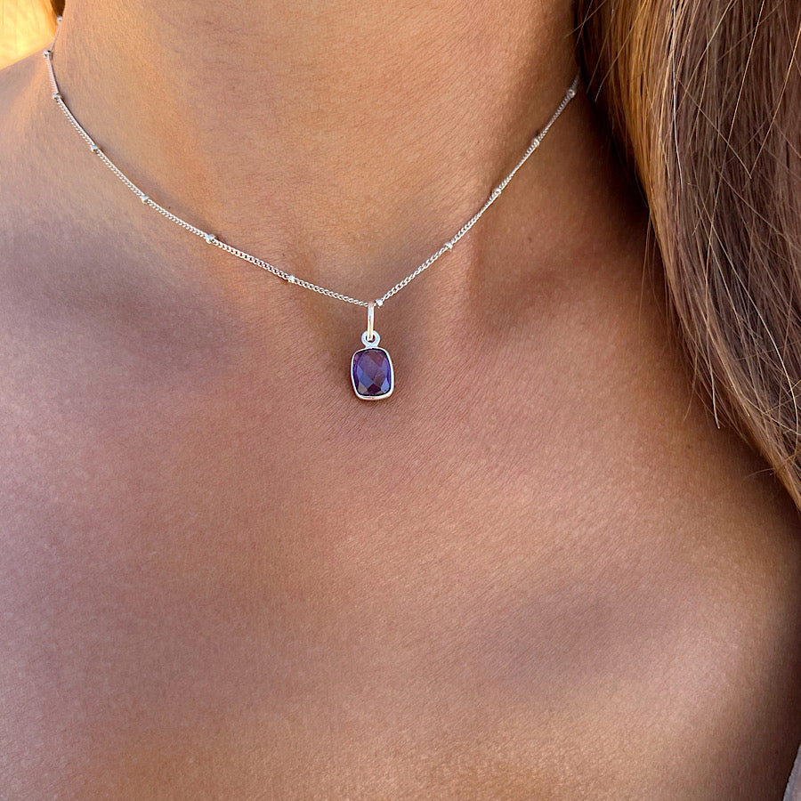 February Birthstone Amethyst Necklace on sterling silver satellite chain