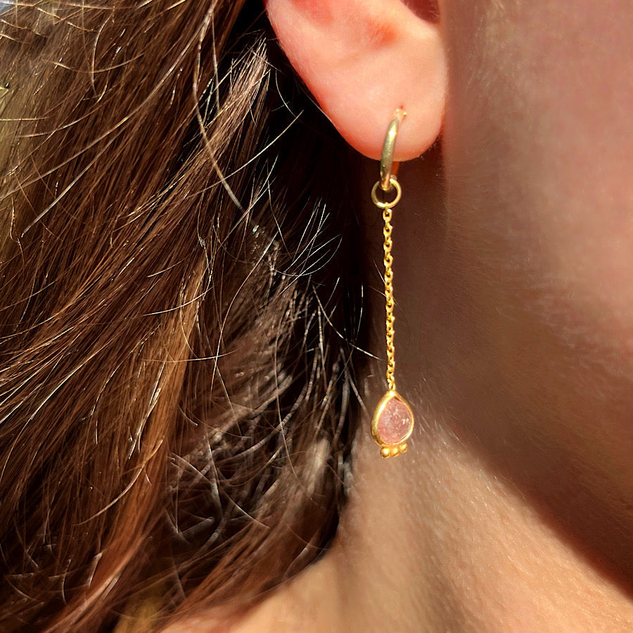 Strawberry Quartz Gemstone Earrings Oct birthstone with chain on Gold plated loops