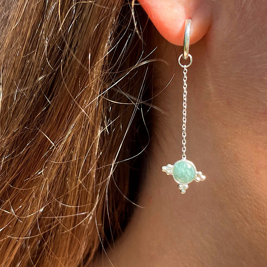 Gemstone Earrings Dec birthstone with chain on Sterling Silver hoops