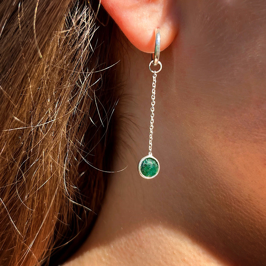 African Emerald Gemstone Earrings May birthstone with chain on Sterling Silver loops