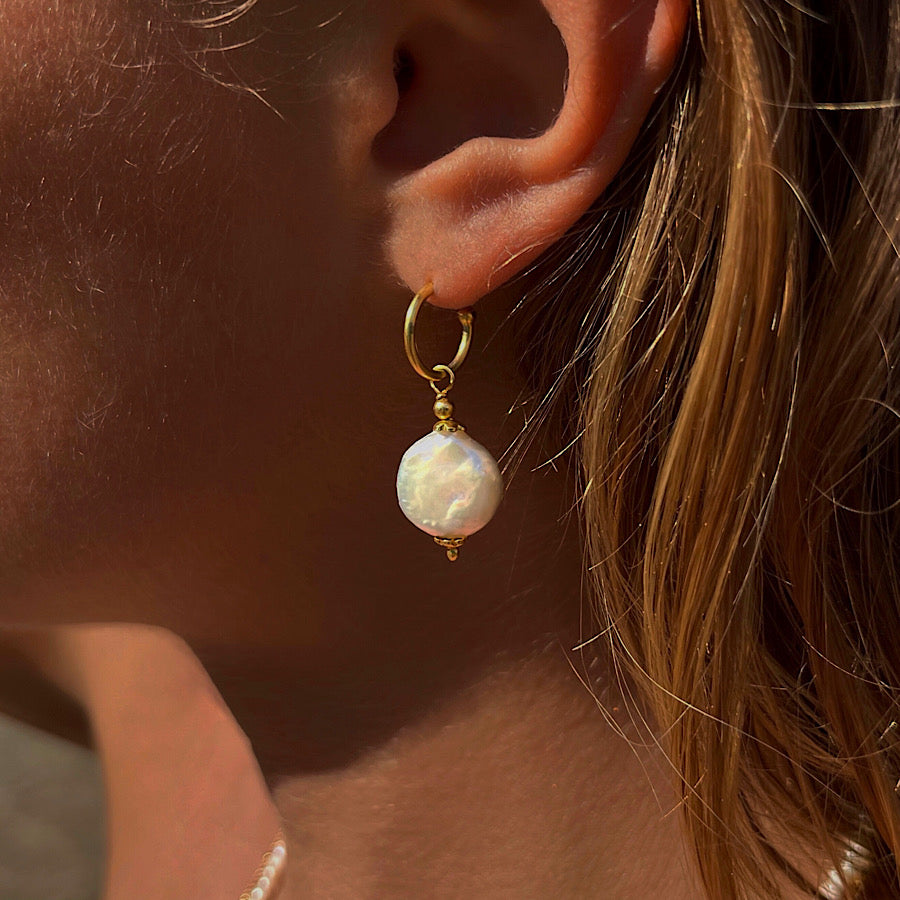 Large Pearl Disk handmade Loop Earrings Gold plated