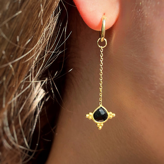 Onyx Gemstone Earrings August birthstone with chain on Gold plated hoops