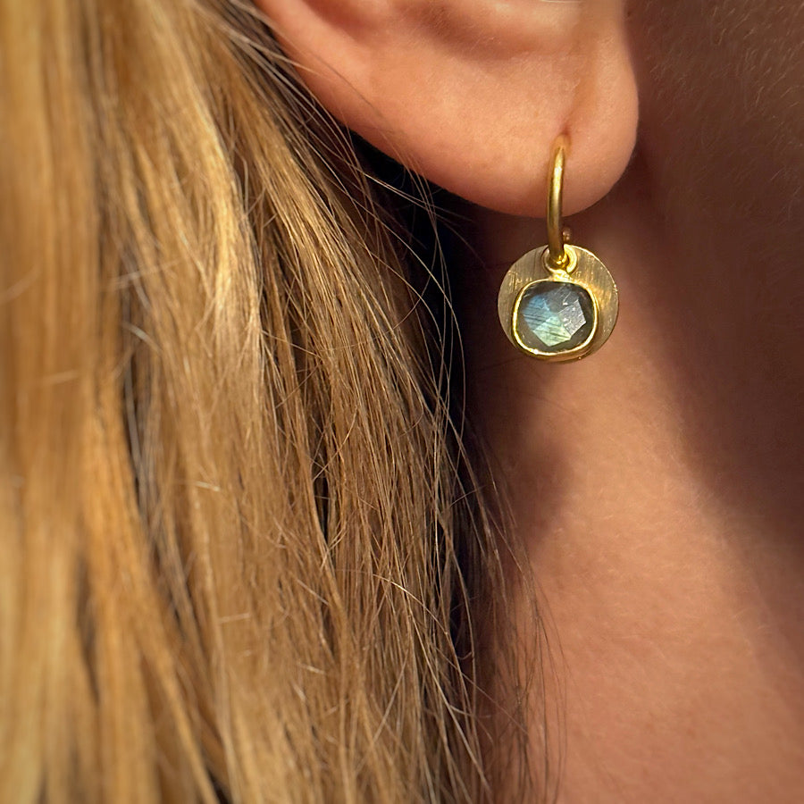 Labradorite Gemstone Earrings with solar discs on Gold plated loops