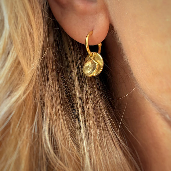 Citrine Gemstone Earrings with solar discs on Gold plated hoops