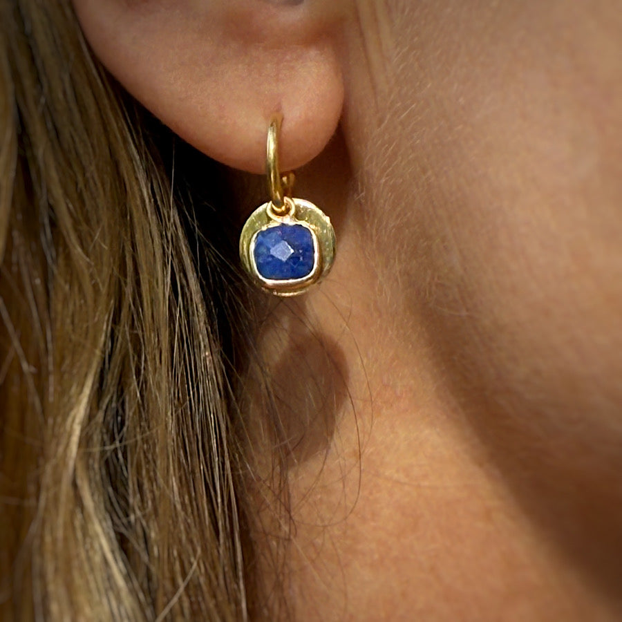 Lapis Lazuli Gemstone Earrings with solar discs on Gold plated hoops