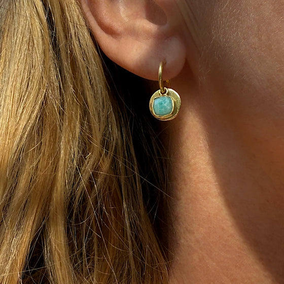 Amazonite Gemstone Earrings with solar discs on Gold plated hoops