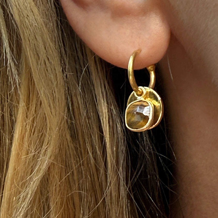 Tigers Eye Gemstone Earrings with solar discs on Gold plated hoops