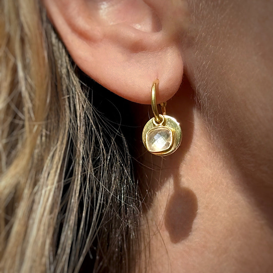 Clear Quartz Gemstone Earrings with solar discs on Gold plated hoops