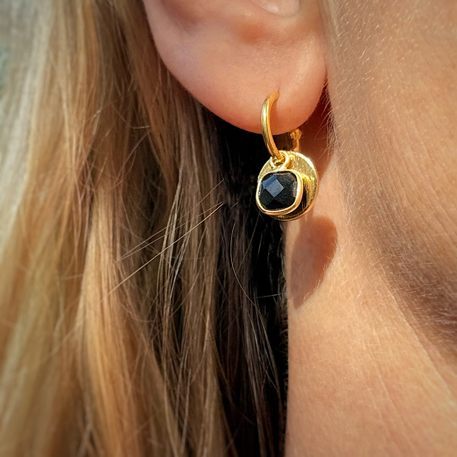 Onyx Gemstone Earrings with solar discs on Gold plated hoops