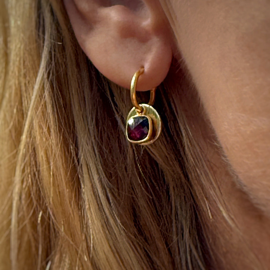 Garnet Gemstone Earrings with solar discs on Gold plated hoops