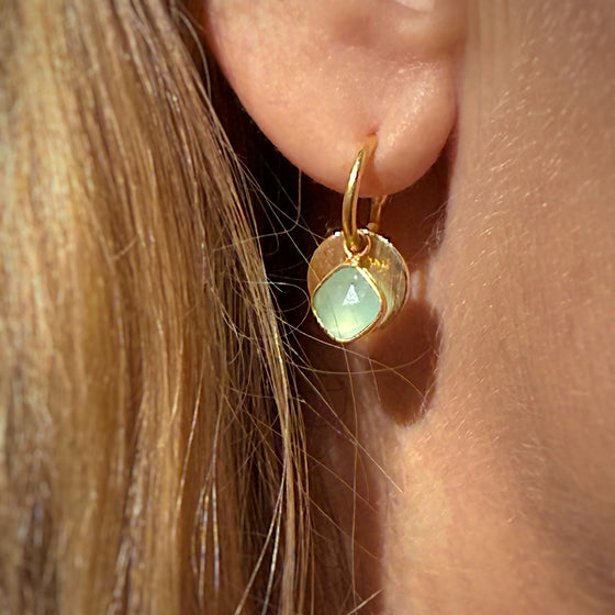 Aquamarine Gemstone Earrings with solar discs on Gold plated hoops