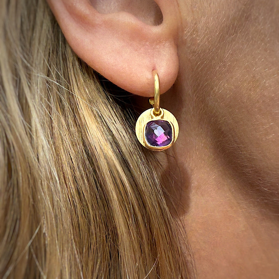 Amethyst Gemstone Earrings with solar discs on Gold plated hoops