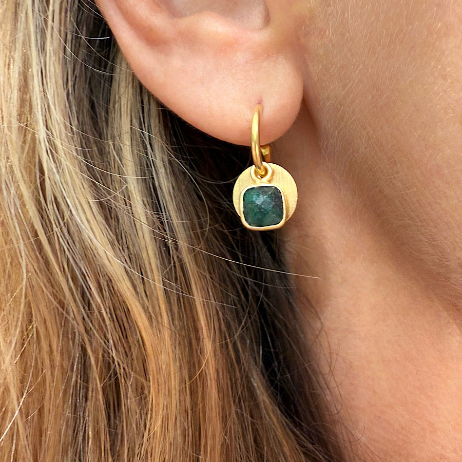 Emerald Gemstone Earrings with solar discs on Gold plated hoops