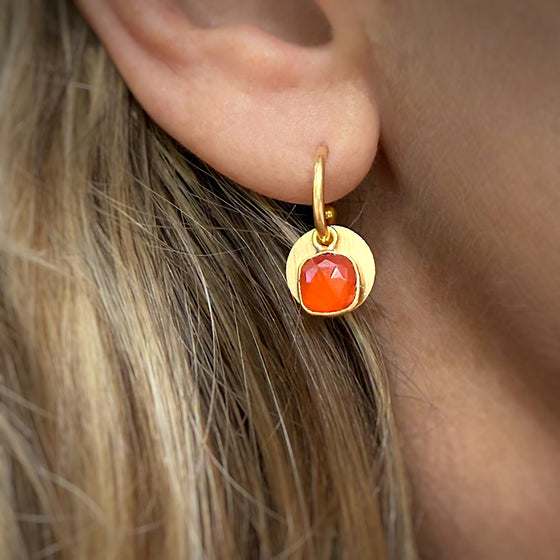 Carnelian Agate Gemstone Earrings with solar discs on Gold plated hoops