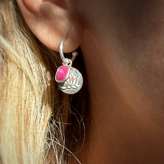 Ruby gemstone Lotus sterling silver hoop Earrings