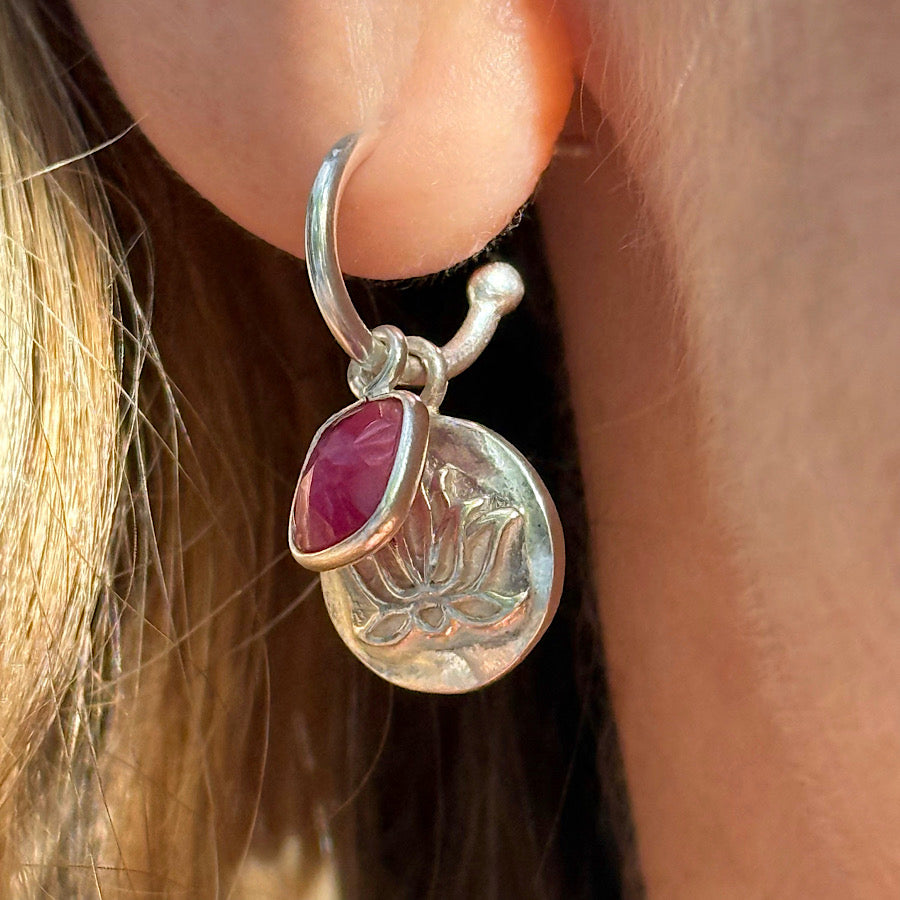 Ruby gemstone Lotus sterling silver hoop Earrings