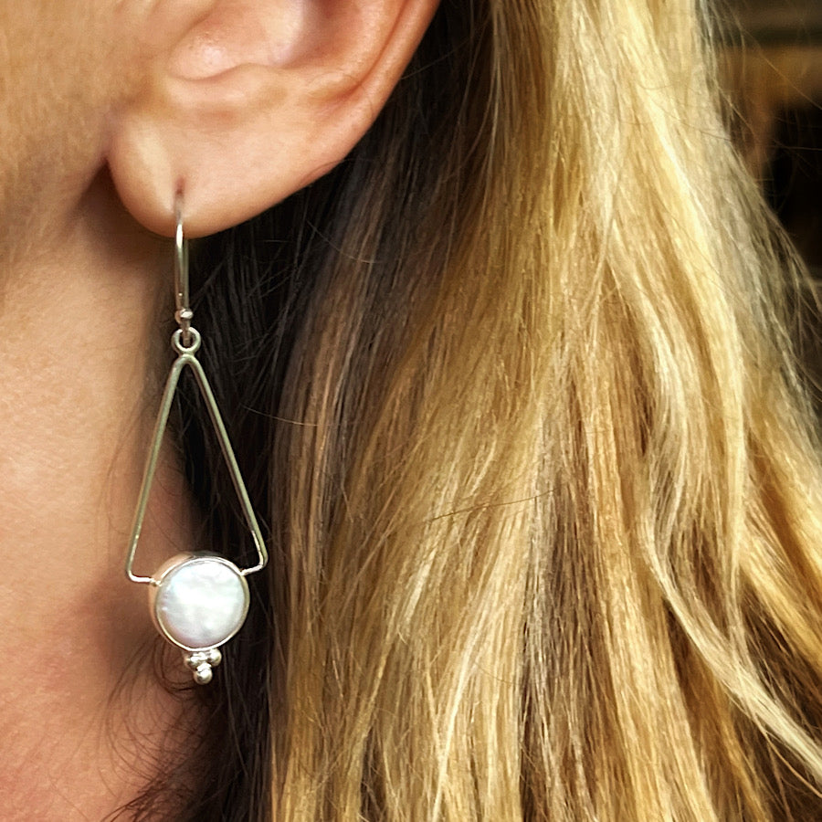 Sterling silver Freshwater Pearl Disk handmade triangle design Earrings