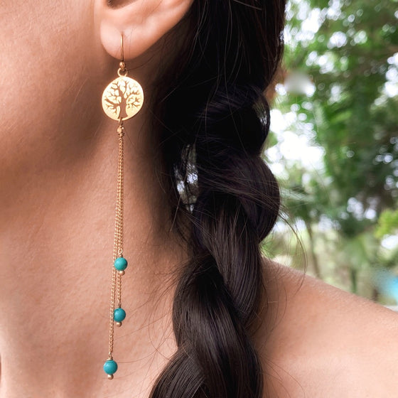 Tree of life Earrings brass chain & Turquoise
