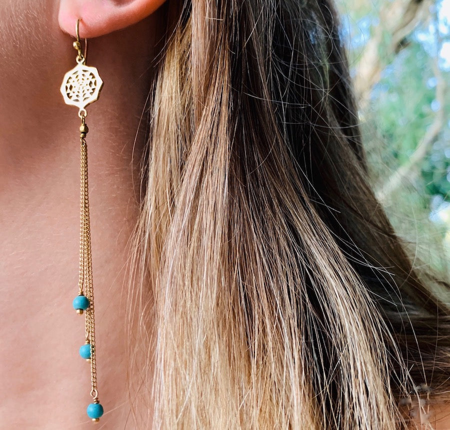Sri Yantra Sacred Geometry Earrings brass chain & Turquoise