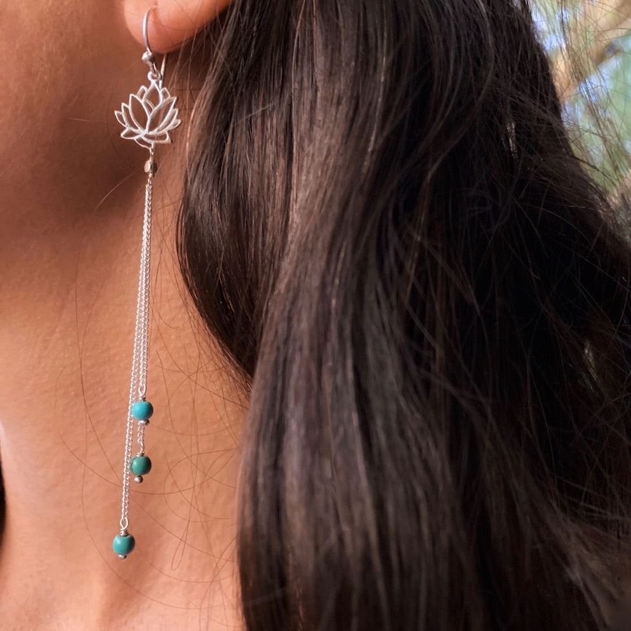 Lotus Earrings silver chain & Turquoise