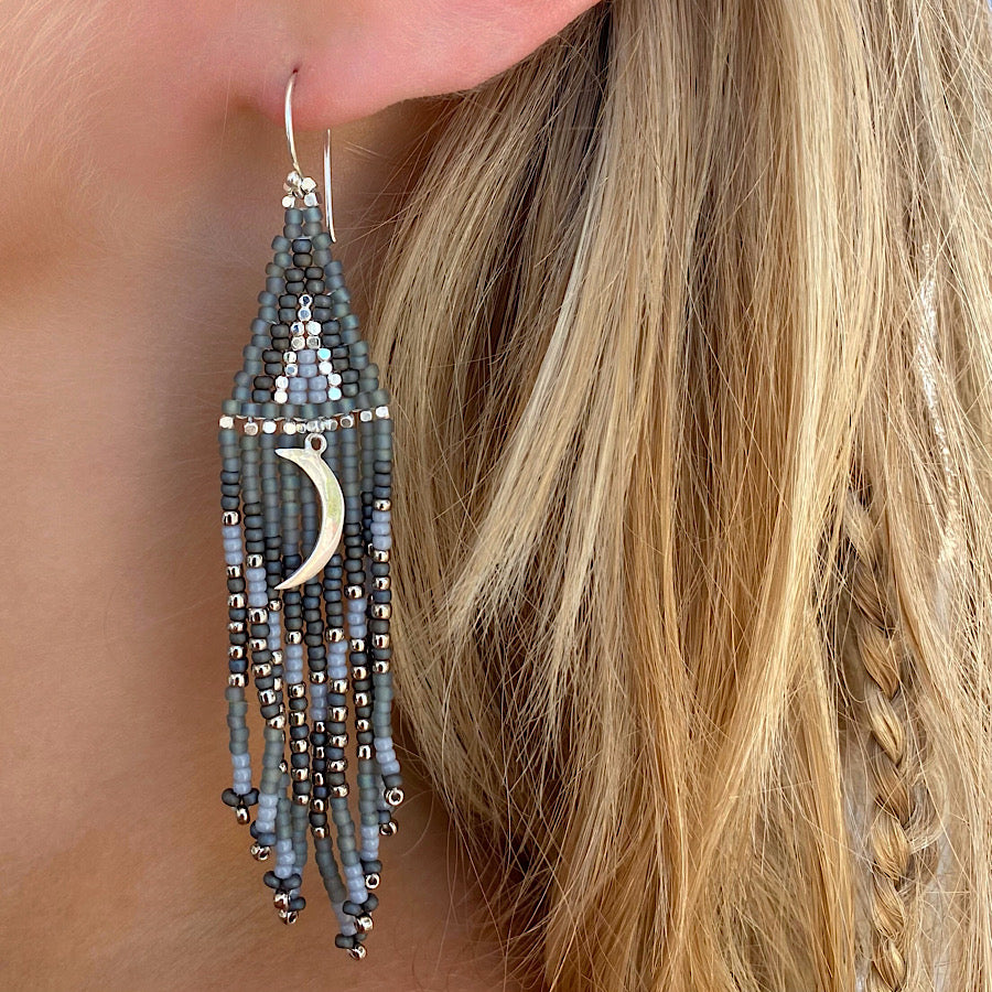 Beaded earrings handmade with sterling silver crescent moon charm and beads
